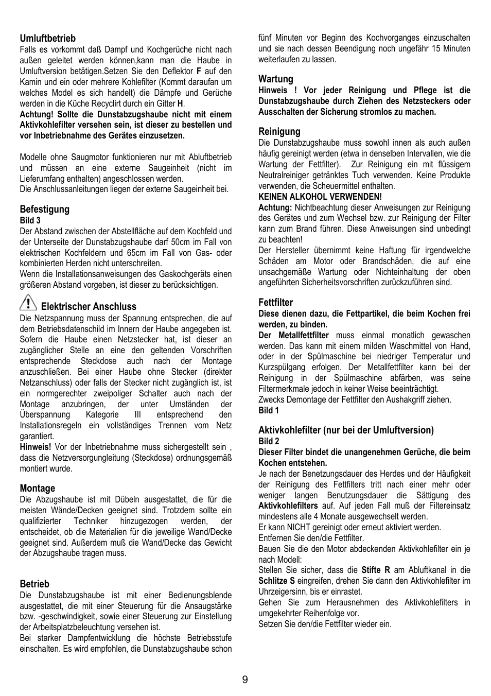 9umluftbetrieb, Befestigung, Elektrischer anschluss | Montage, Betrieb, Wartung, Reinigung, Fettfilter, Aktivkohlefilter (nur bei der umluftversion) | ELICA MISSY User Manual | Page 9 / 64