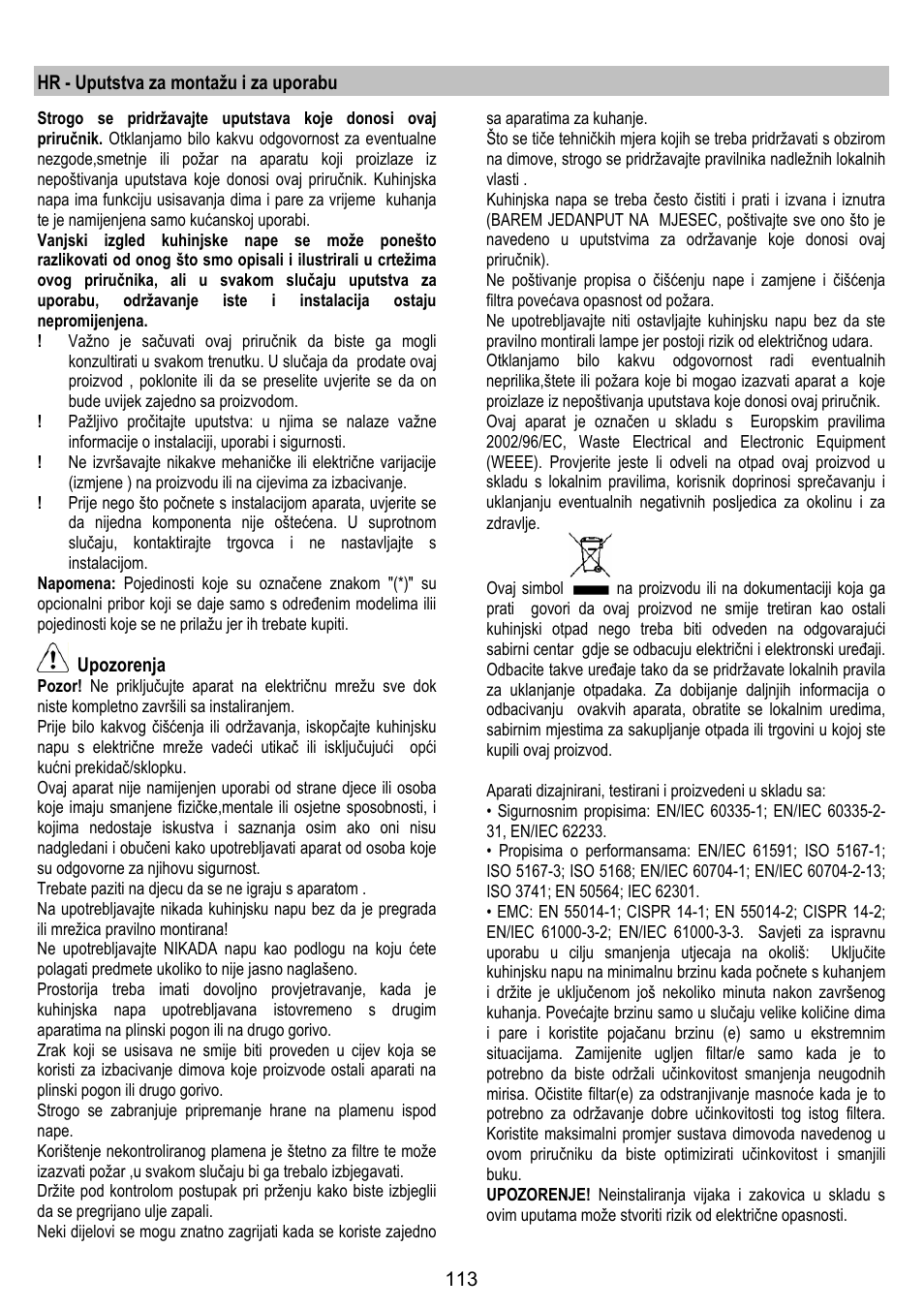 Hr - uputstva za montažu i za uporabu, Upozorenja | ELICA MOON User Manual | Page 113 / 128