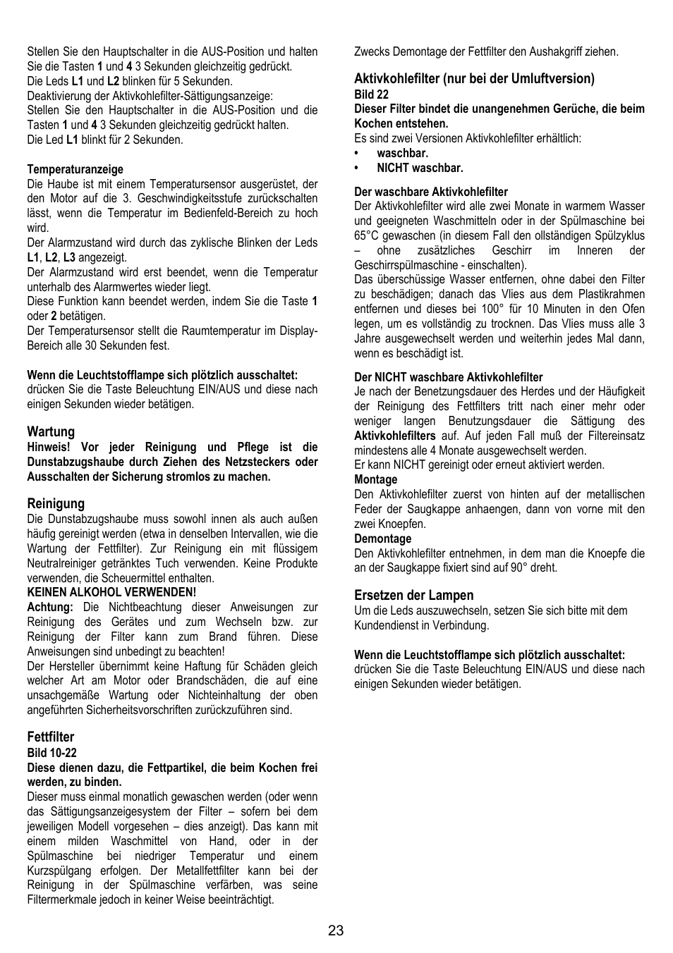 Wartung, Reinigung, Fettfilter | Aktivkohlefilter (nur bei der umluftversion), Ersetzen der lampen | ELICA MOON User Manual | Page 23 / 128