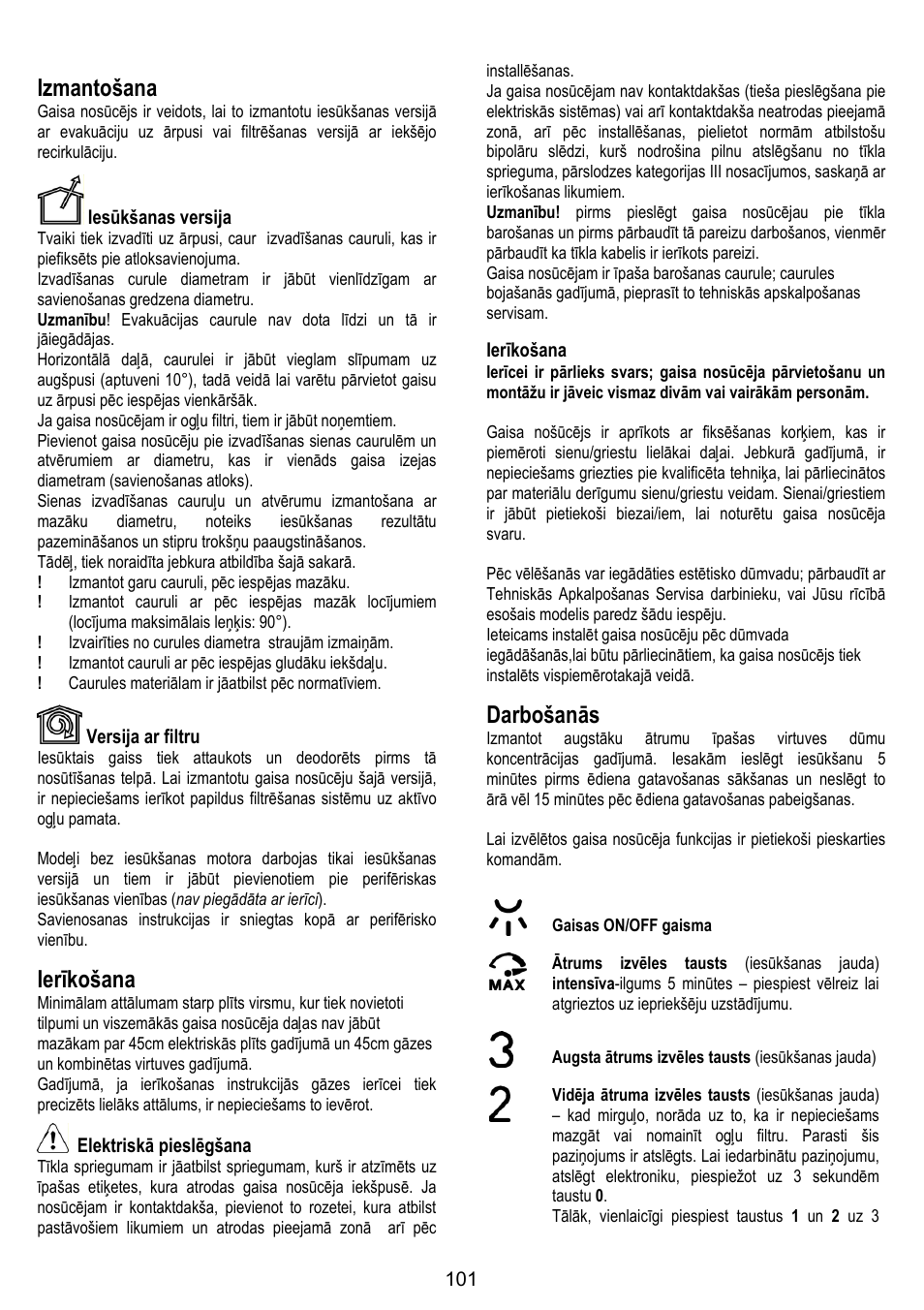 Izmantošana, Ierīkošana, Darbošanās | ELICA OM AIR User Manual | Page 101 / 124