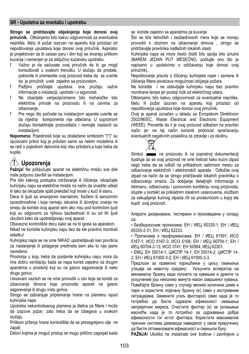 Upozorenja | ELICA OM AIR User Manual | Page 103 / 124