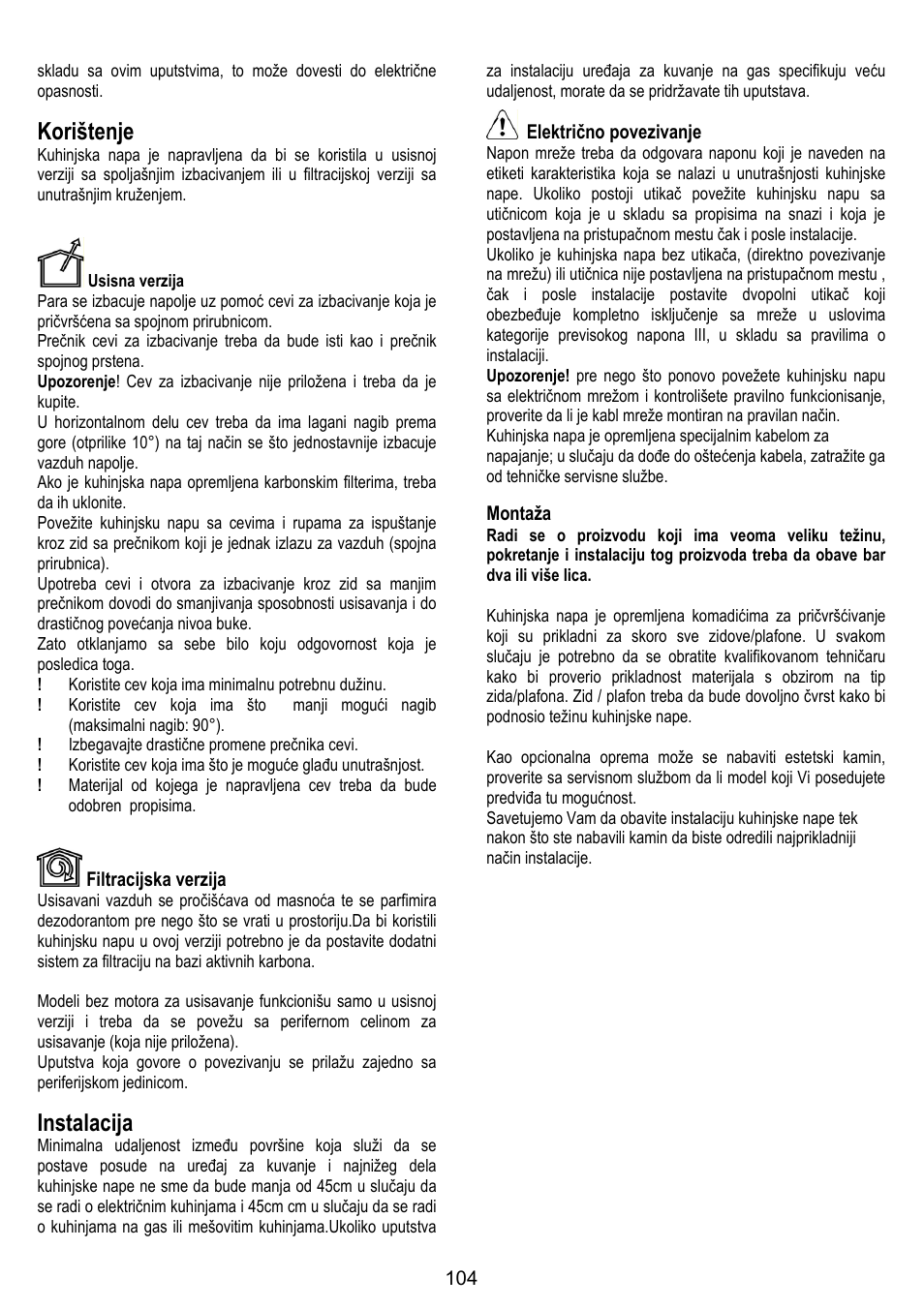 Korištenje, Instalacija, Filtracijska verzija | Električno povezivanje, Montaža | ELICA OM AIR User Manual | Page 104 / 124