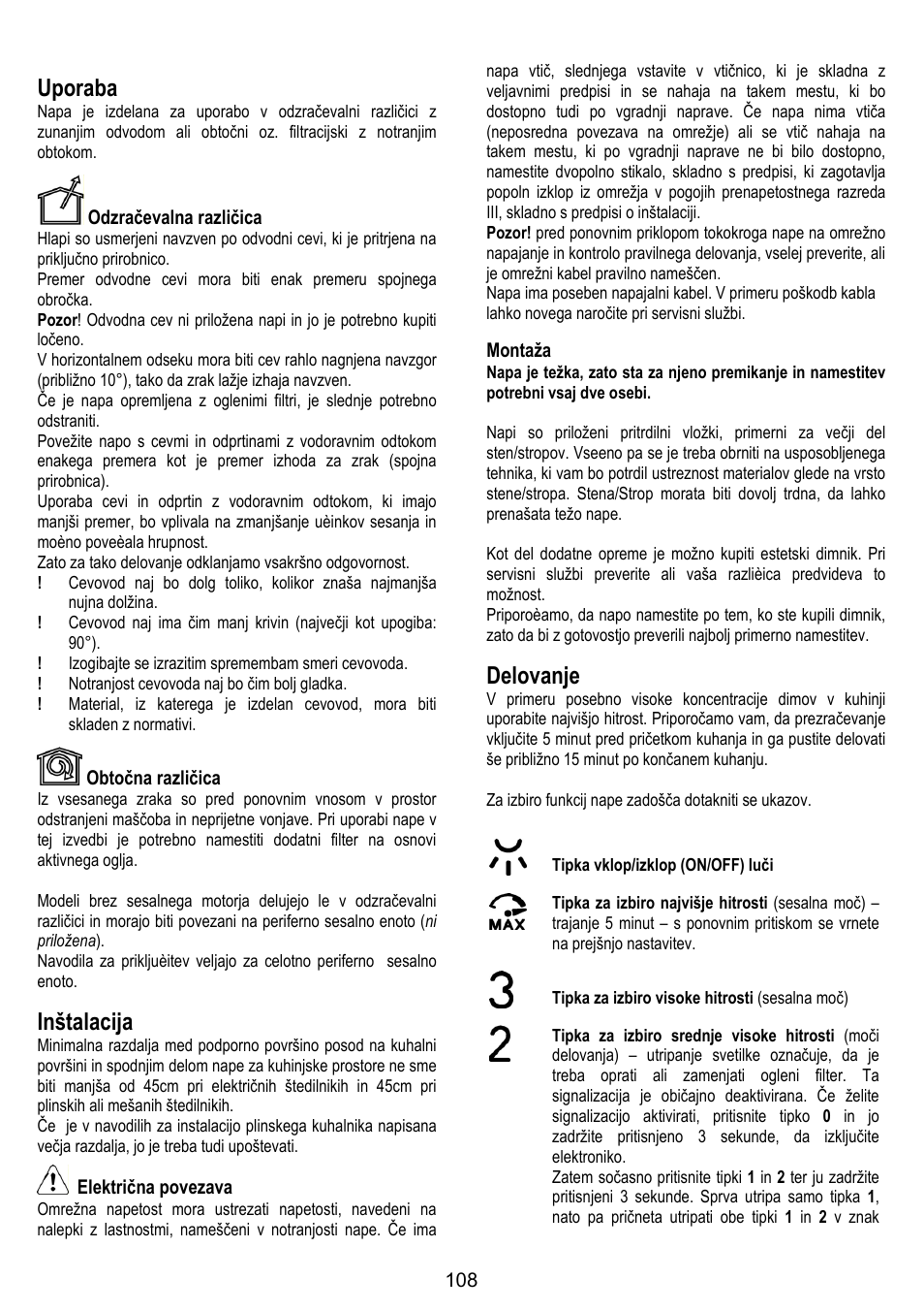 Uporaba, Inštalacija, Delovanje | ELICA OM AIR User Manual | Page 108 / 124