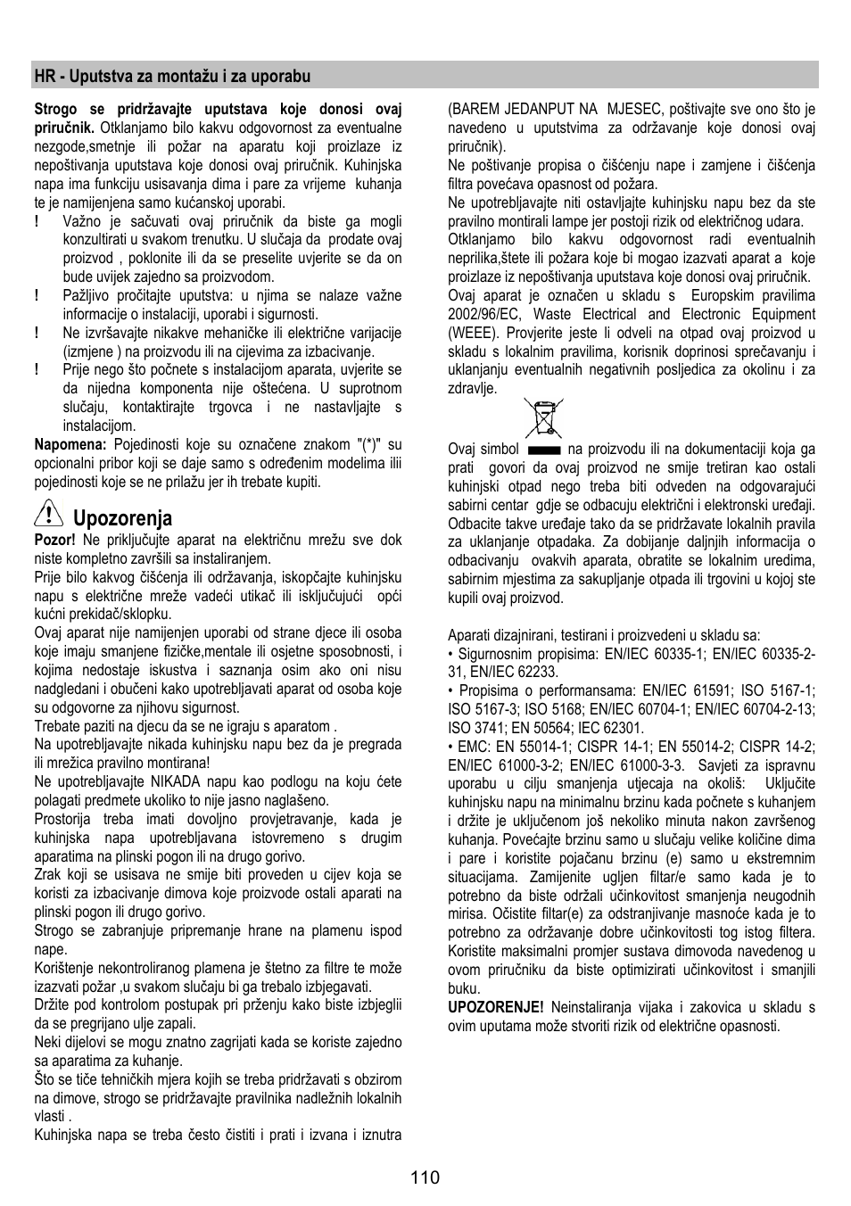 Upozorenja | ELICA OM AIR User Manual | Page 110 / 124