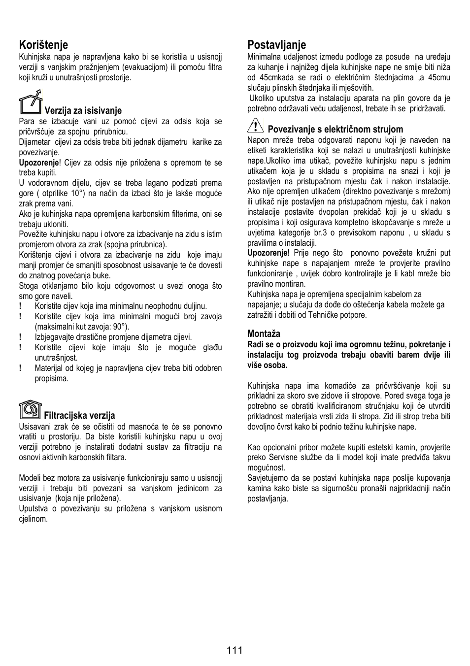 Korištenje, Postavljanje | ELICA OM AIR User Manual | Page 111 / 124