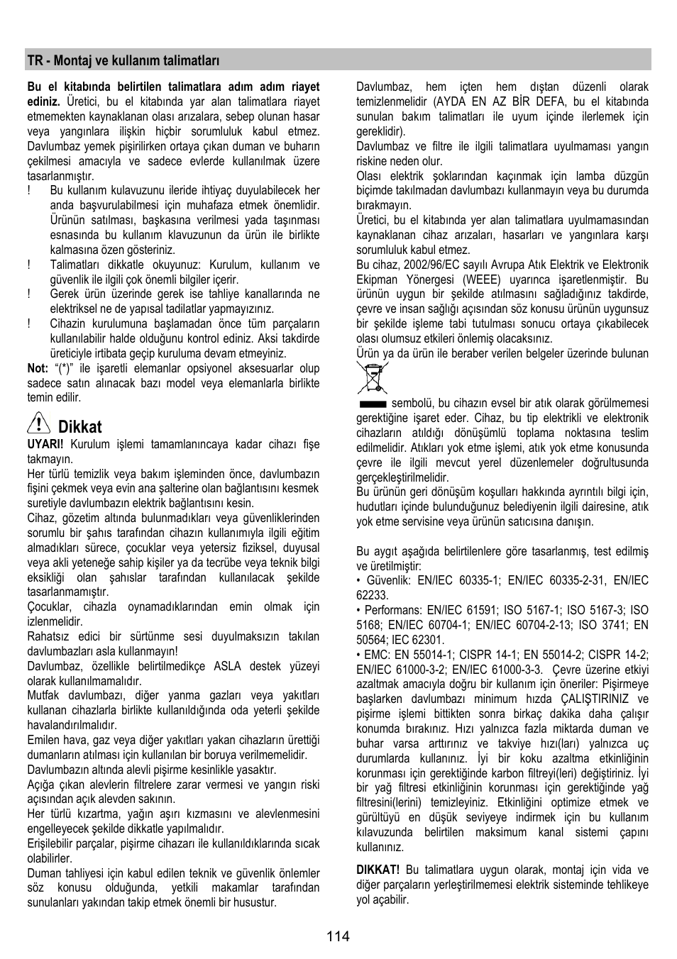 Dikkat | ELICA OM AIR User Manual | Page 114 / 124