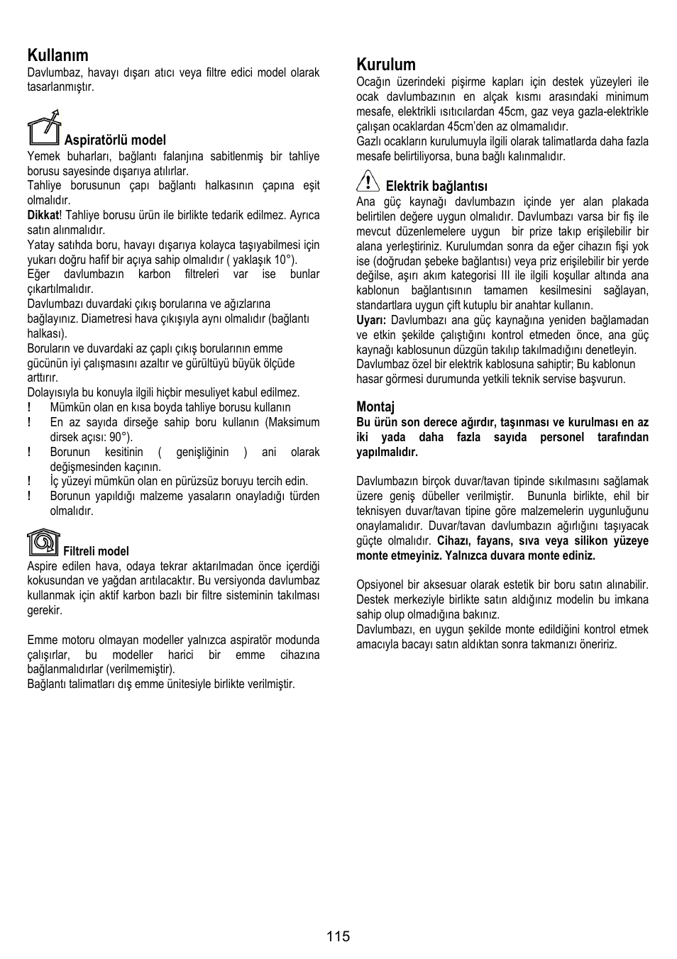 Kullanım, Kurulum | ELICA OM AIR User Manual | Page 115 / 124