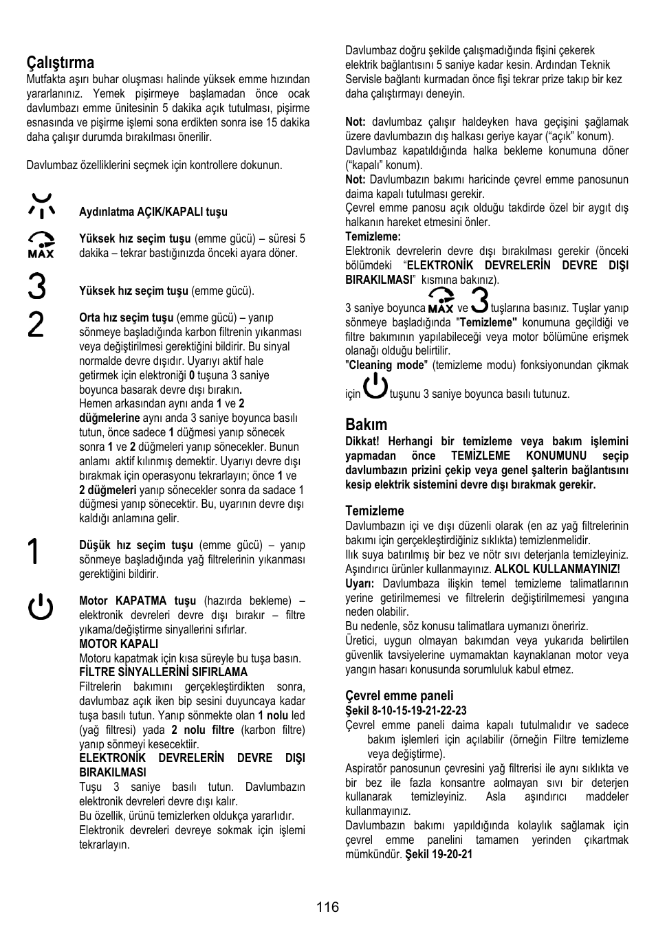 Çalıştırma, Bakım | ELICA OM AIR User Manual | Page 116 / 124