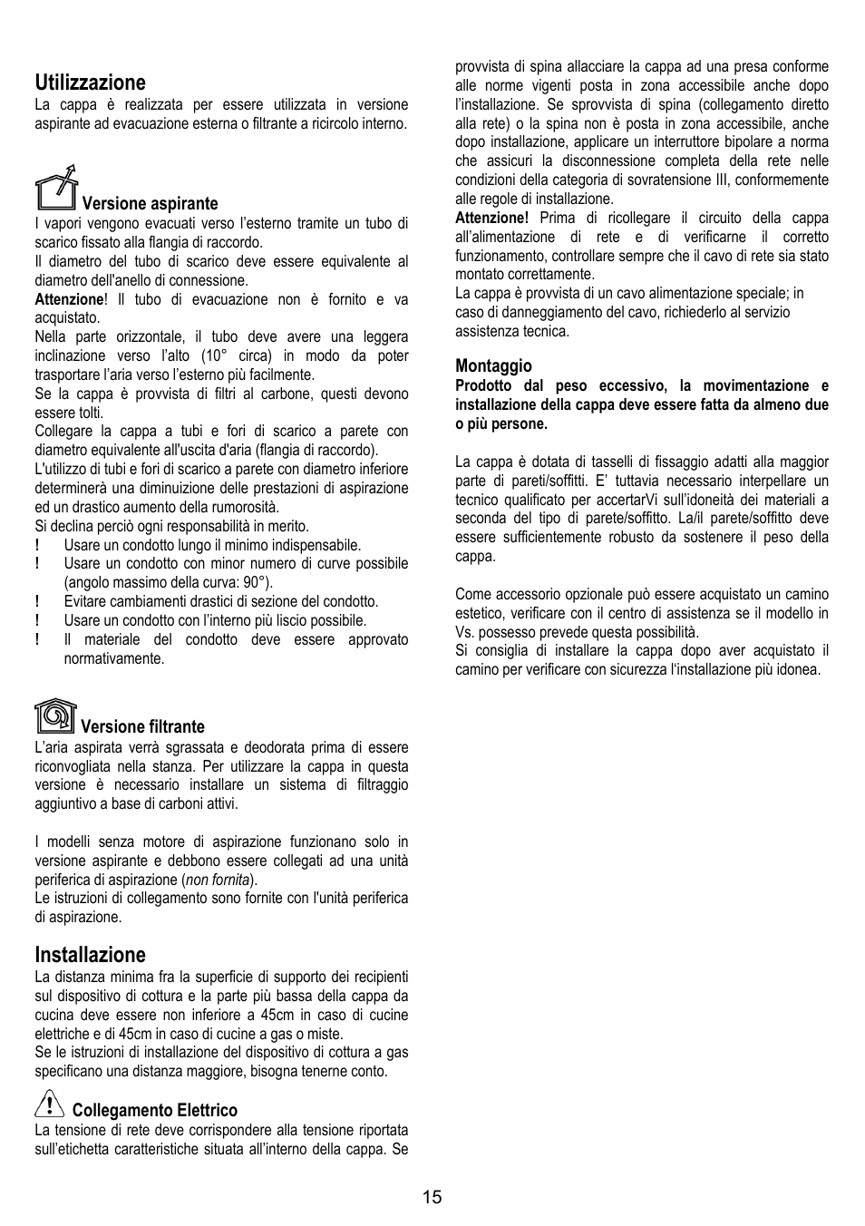 Utilizzazione, Installazione | ELICA OM AIR User Manual | Page 15 / 124