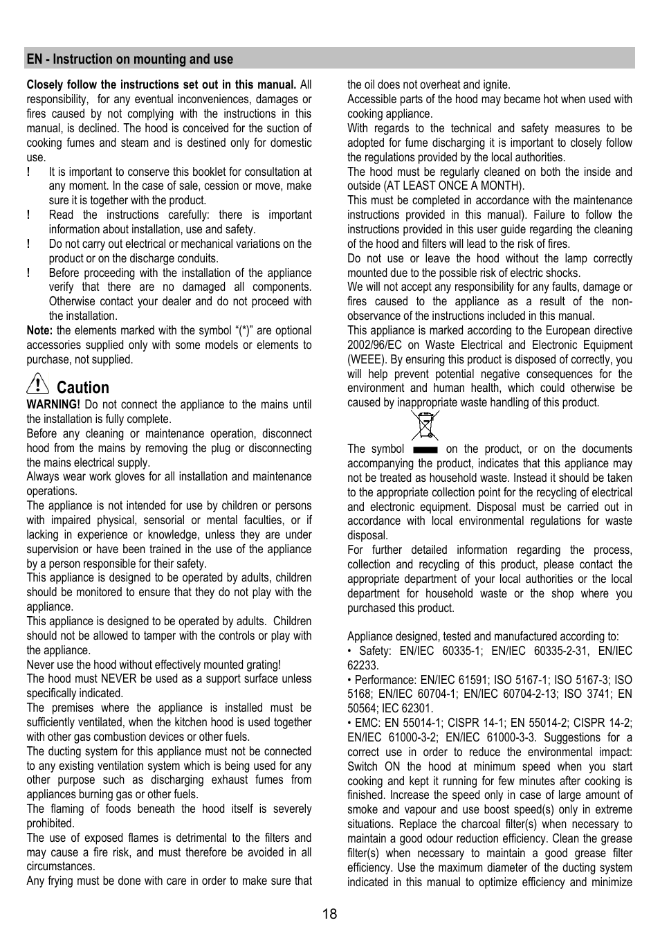 Caution | ELICA OM AIR User Manual | Page 18 / 124