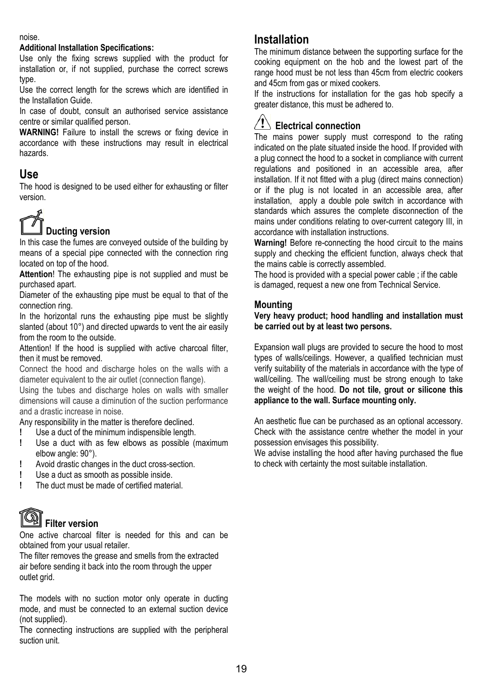 Installation | ELICA OM AIR User Manual | Page 19 / 124