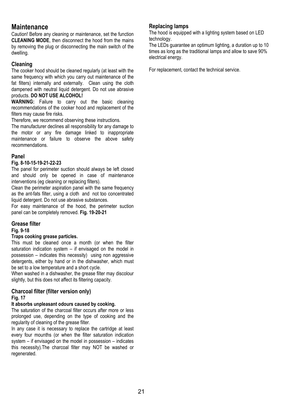 Maintenance, Cleaning, Panel | Grease filter, Charcoal filter (filter version only), Replacing lamps | ELICA OM AIR User Manual | Page 21 / 124