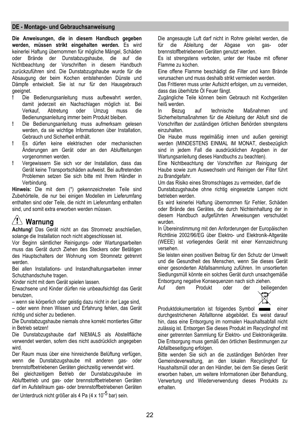 Warnung | ELICA OM AIR User Manual | Page 22 / 124