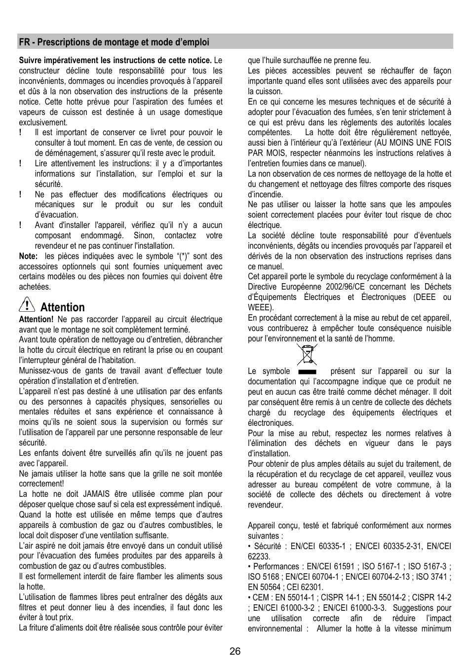 Attention | ELICA OM AIR User Manual | Page 26 / 124