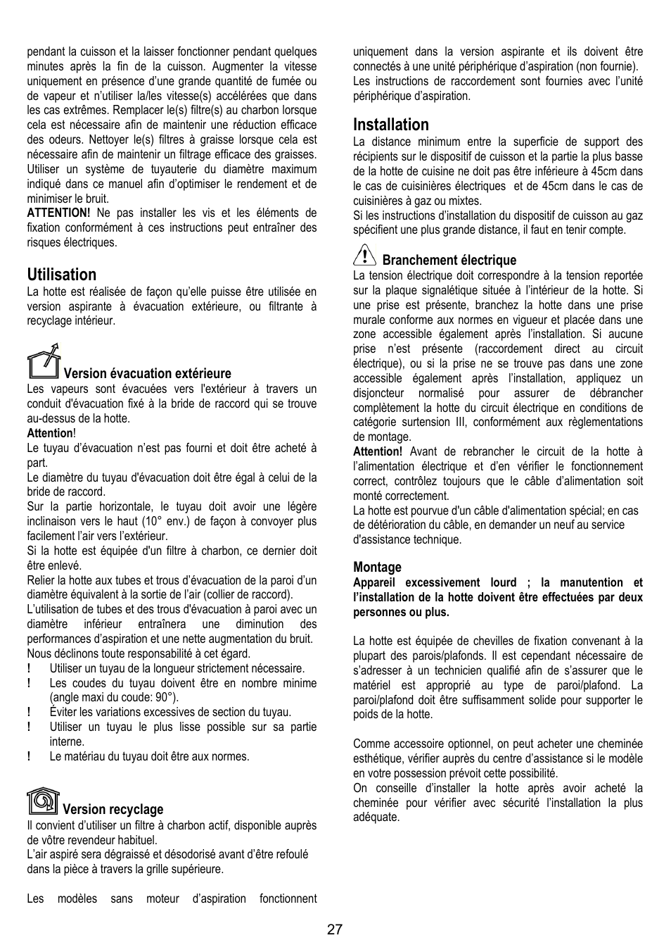 Utilisation, Installation, Version évacuation extérieure | Version recyclage, Branchement électrique, Montage | ELICA OM AIR User Manual | Page 27 / 124