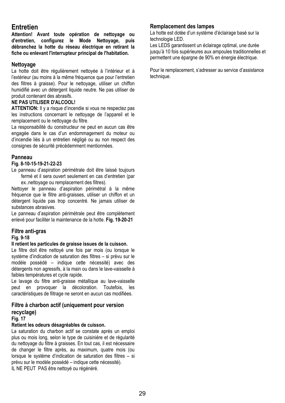 Entretien, Nettoyage, Panneau | Filtre anti-gras, Remplacement des lampes | ELICA OM AIR User Manual | Page 29 / 124