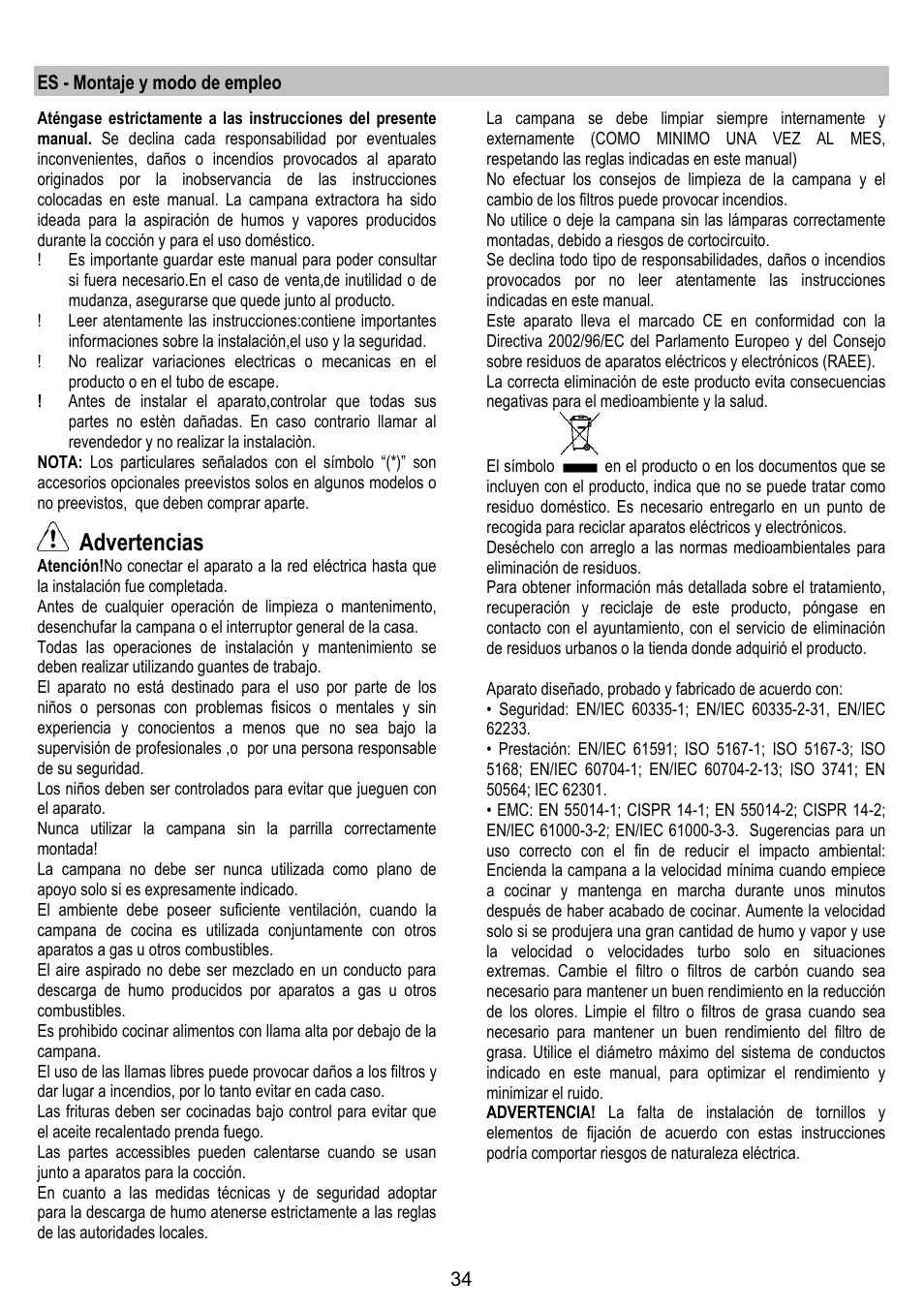 Advertencias | ELICA OM AIR User Manual | Page 34 / 124