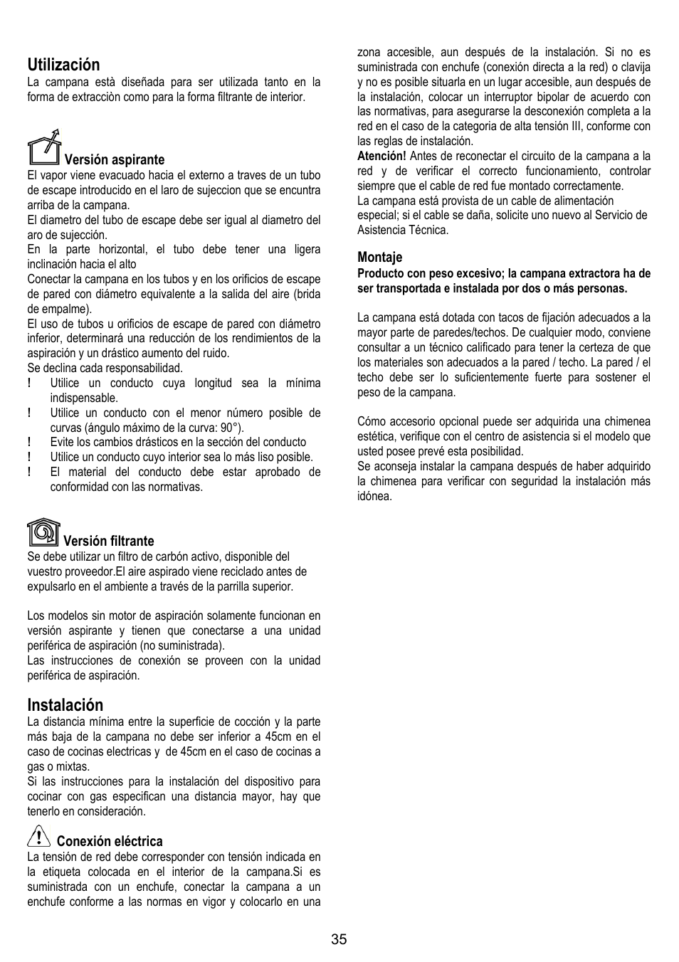 Utilización, Instalación | ELICA OM AIR User Manual | Page 35 / 124