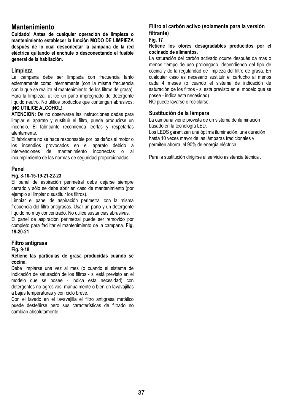 Mantenimiento, Limpieza, Panel | Filtro antigrasa, Sustitución de la lámpara | ELICA OM AIR User Manual | Page 37 / 124