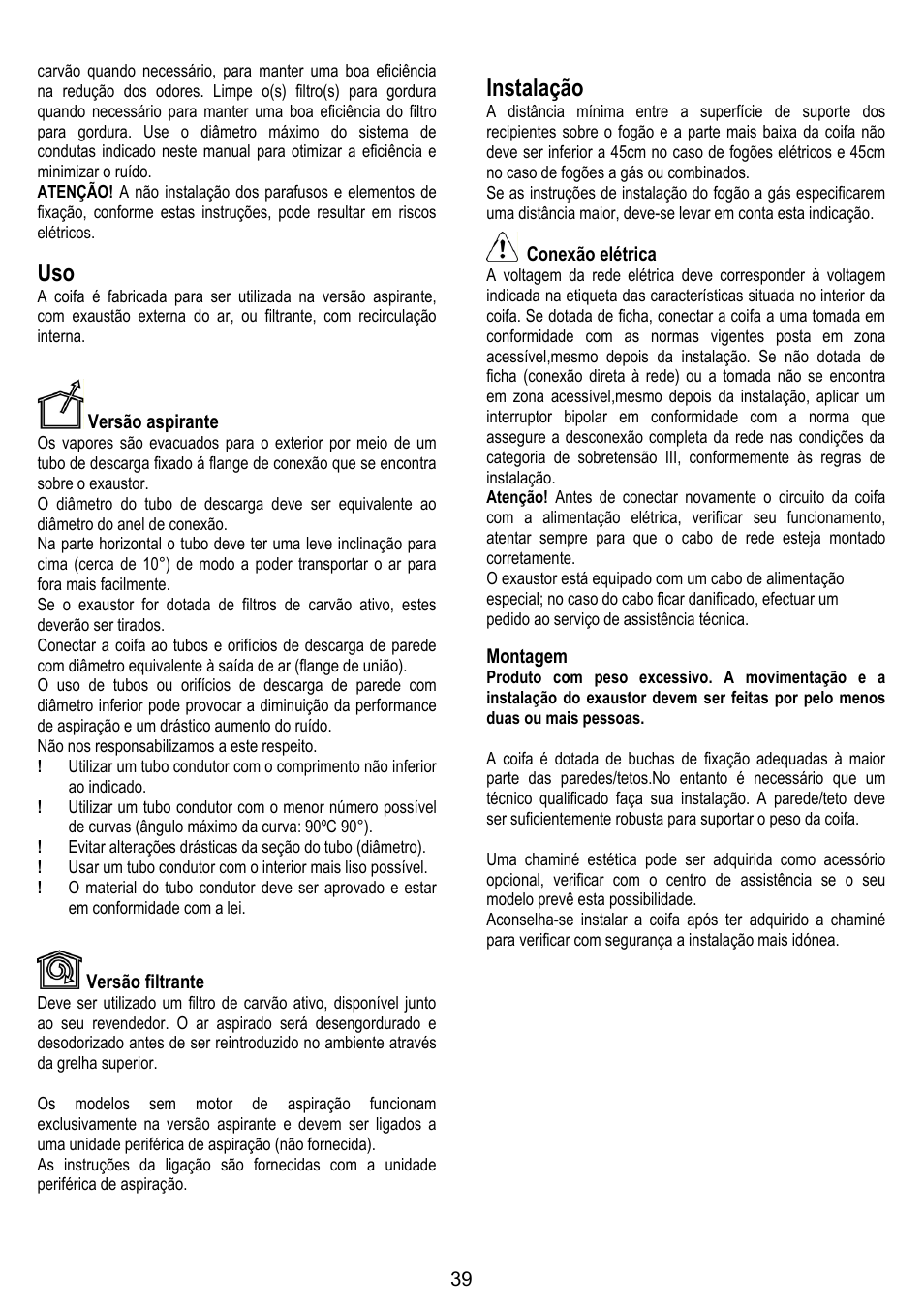 Instalação, Versão aspirante, Versão filtrante | Conexão elétrica, Montagem | ELICA OM AIR User Manual | Page 39 / 124