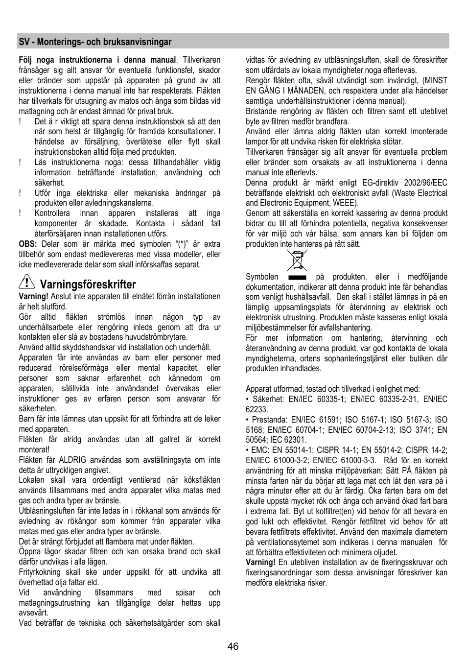 Varningsföreskrifter | ELICA OM AIR User Manual | Page 46 / 124