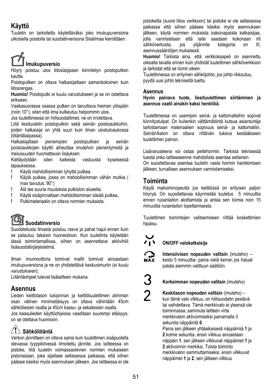 Käyttö, Asennus, Toiminta | ELICA OM AIR User Manual | Page 51 / 124