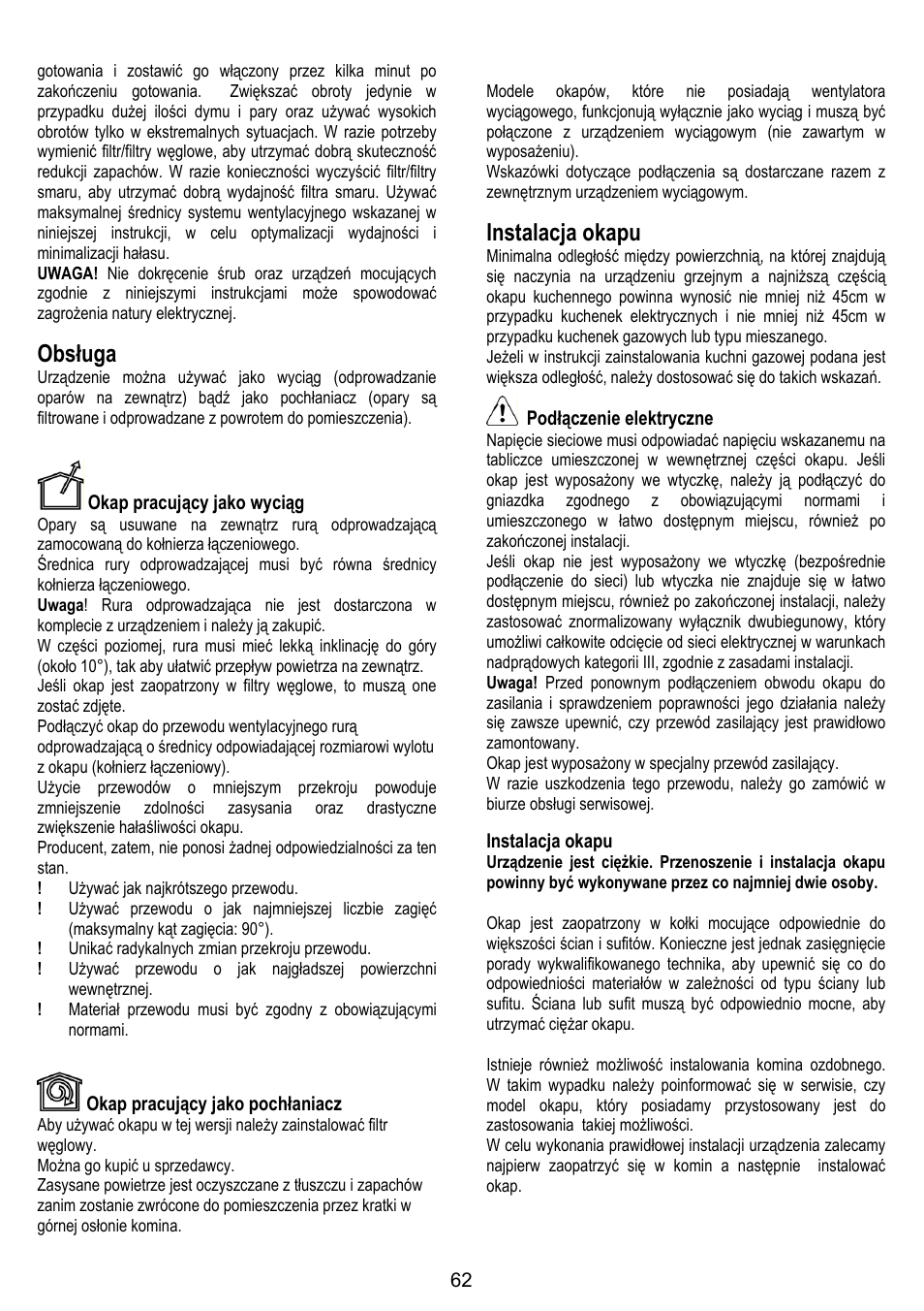 Obsługa, Instalacja okapu, Okap pracujący jako wyciąg | Okap pracujący jako pochłaniacz, Podłączenie elektryczne | ELICA OM AIR User Manual | Page 62 / 124