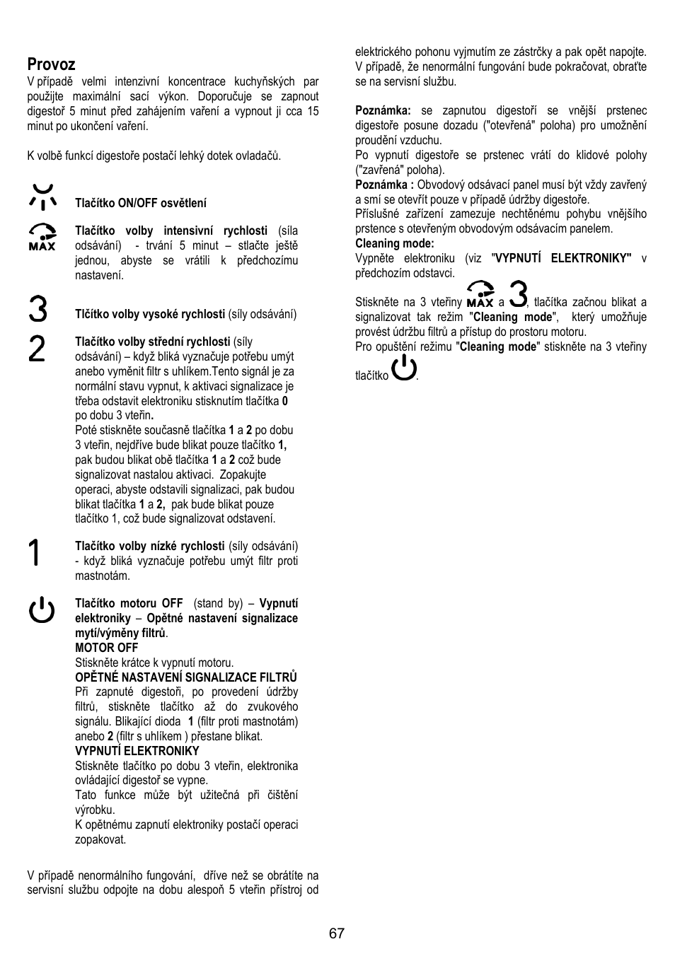 Provoz | ELICA OM AIR User Manual | Page 67 / 124