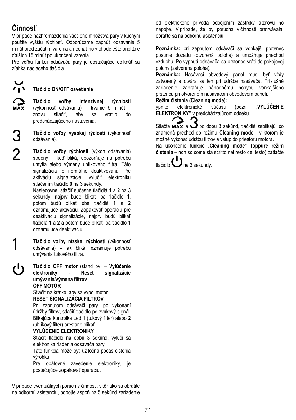 Činnosť | ELICA OM AIR User Manual | Page 71 / 124