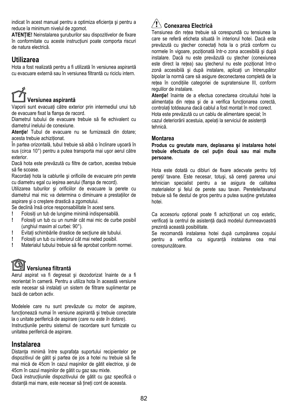 Utilizarea, Instalarea, Versiunea aspirantă | Versiunea filtrantă, Conexarea electrică, Montarea | ELICA OM AIR User Manual | Page 82 / 124