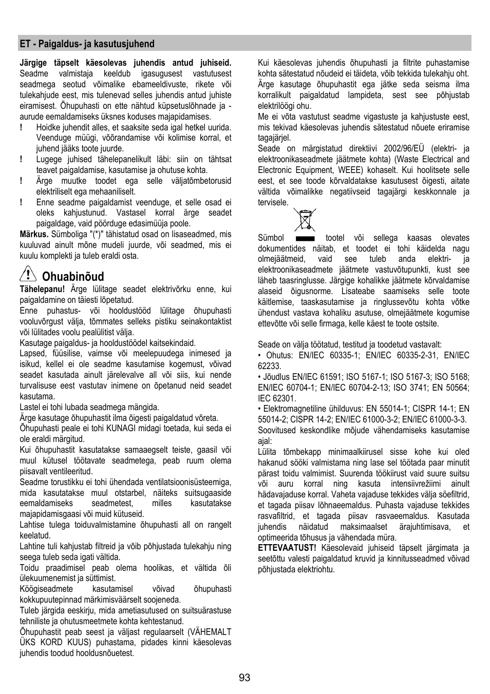 Ohuabinõud | ELICA OM AIR User Manual | Page 93 / 124