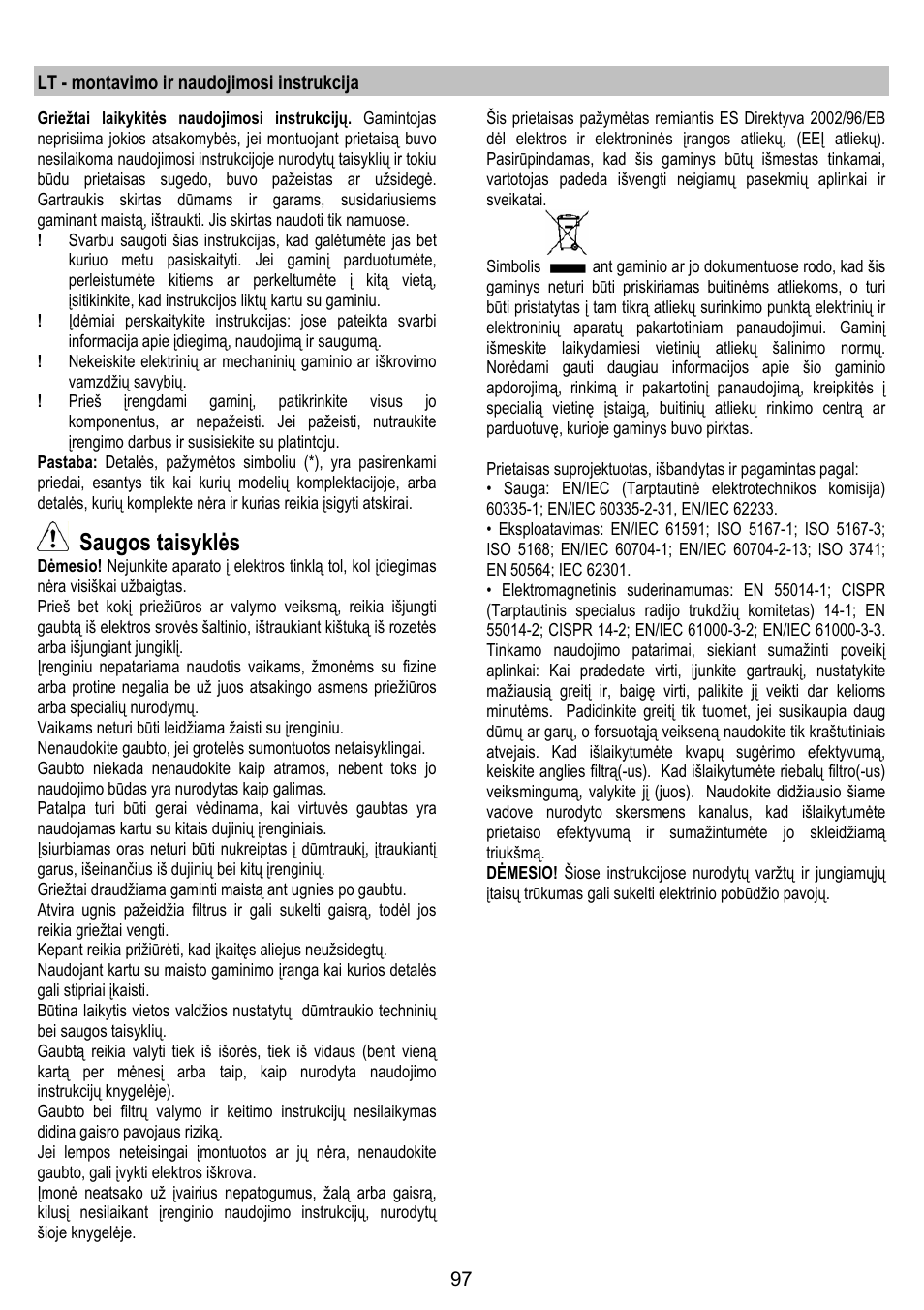 Saugos taisyklės | ELICA OM AIR User Manual | Page 97 / 124