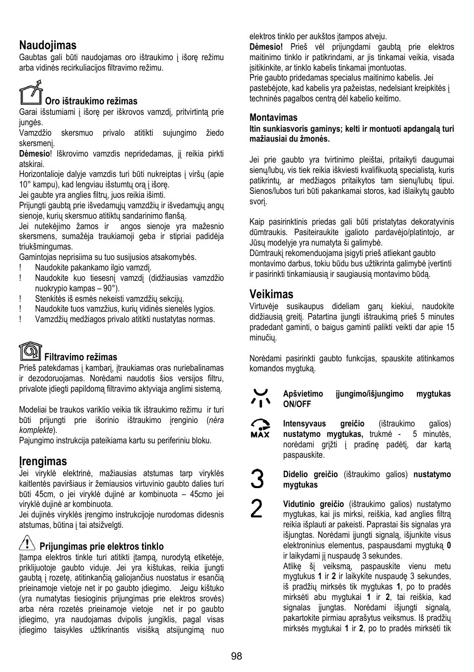 Naudojimas, Įrengimas, Veikimas | ELICA OM AIR User Manual | Page 98 / 124