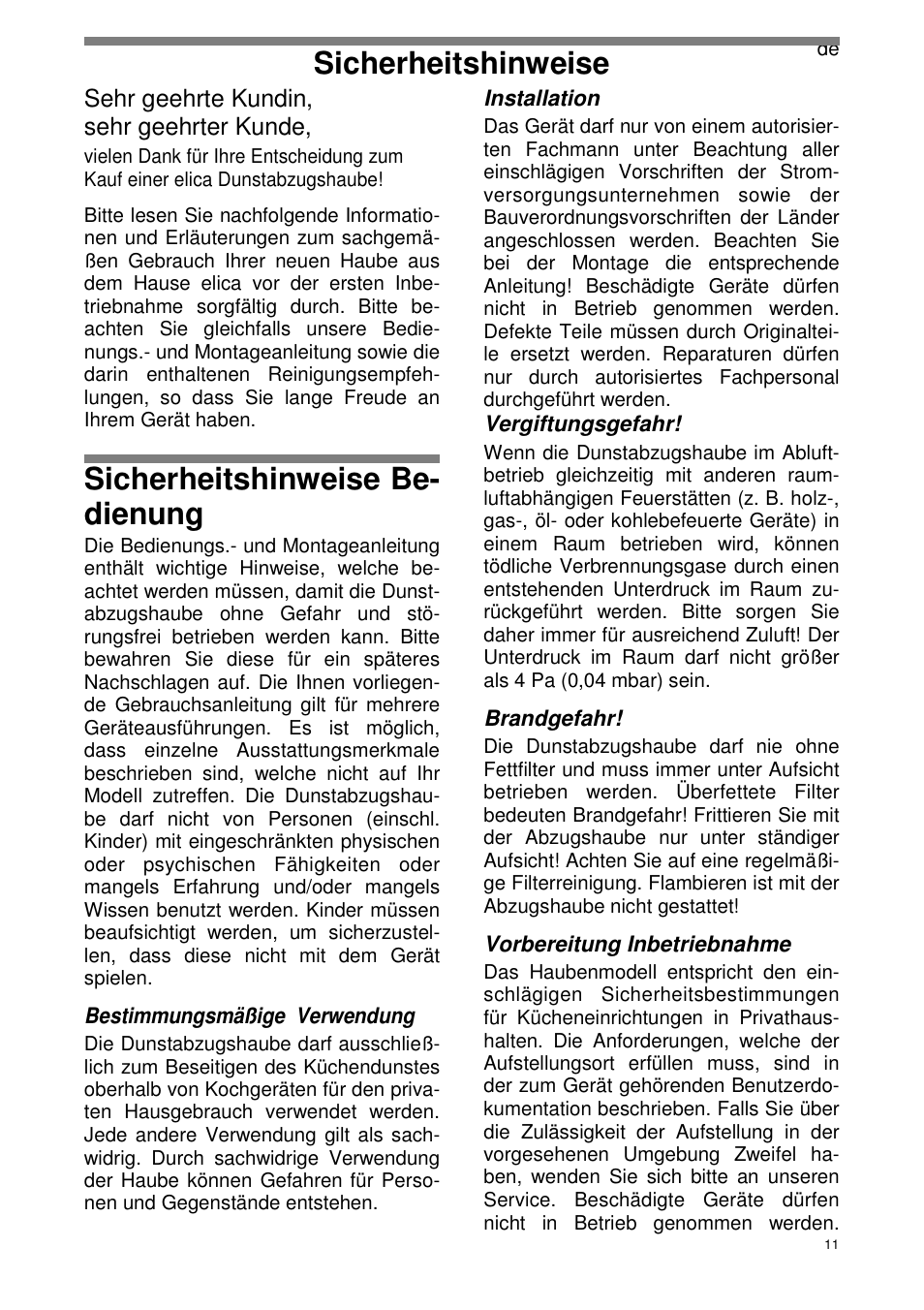 Sicherheitshinweise be- dienung, Sicherheitshinweise, Sehr geehrte kundin, sehr geehrter kunde | ELICA SEAGULL User Manual | Page 11 / 44