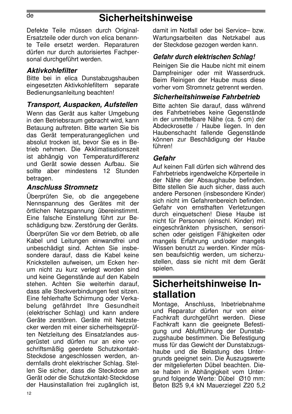 Sicherheitshinweise in- stallation, Sicherheitshinweise | ELICA SEAGULL User Manual | Page 12 / 44