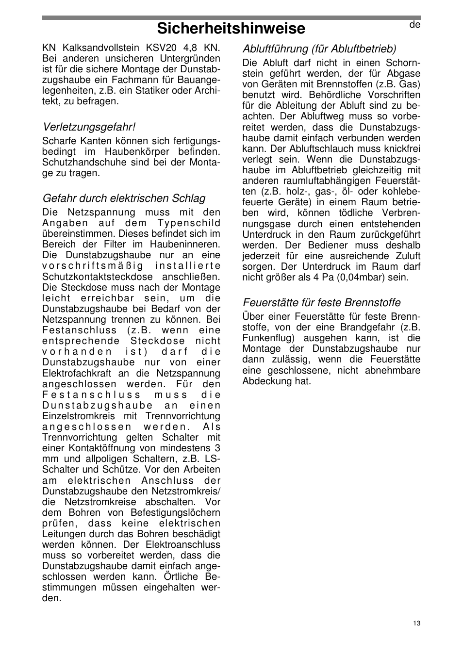 Sicherheitshinweise | ELICA SEAGULL User Manual | Page 13 / 44