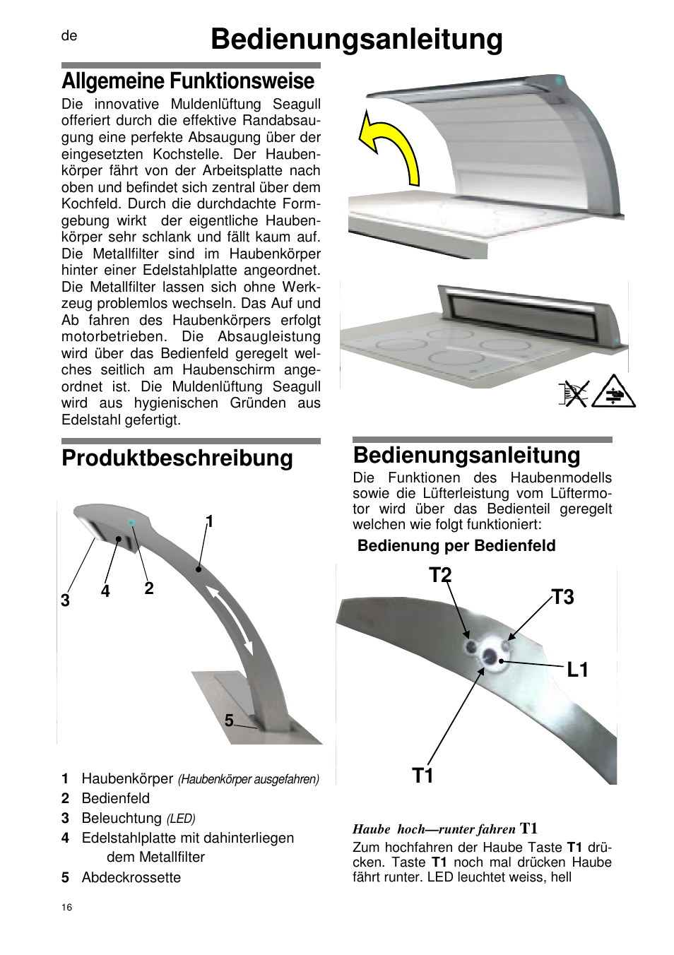 Allgemeine funktionsweise, Produktbeschreibung, Bedienungsanleitung | T1 t2 t3 l1 | ELICA SEAGULL User Manual | Page 16 / 44