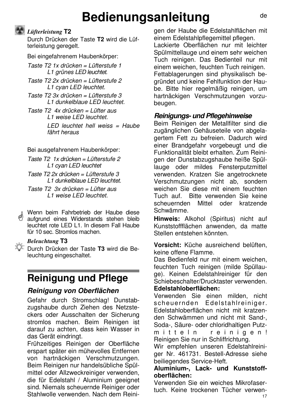 Bedienungsanleitung, Reinigung und pflege | ELICA SEAGULL User Manual | Page 17 / 44