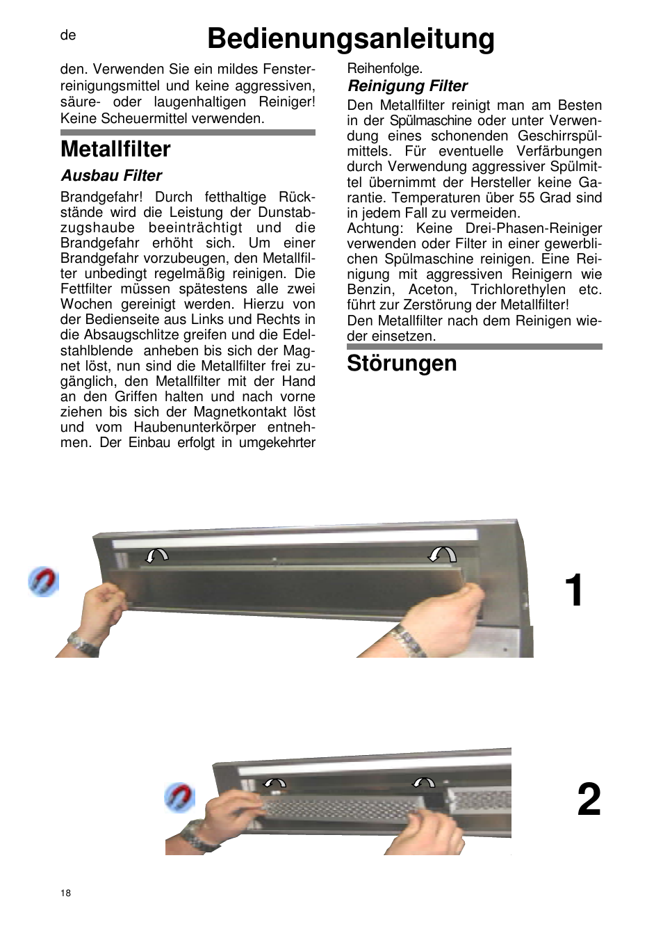 Bedienungsanleitung, Metallfilter, Störungen | ELICA SEAGULL User Manual | Page 18 / 44