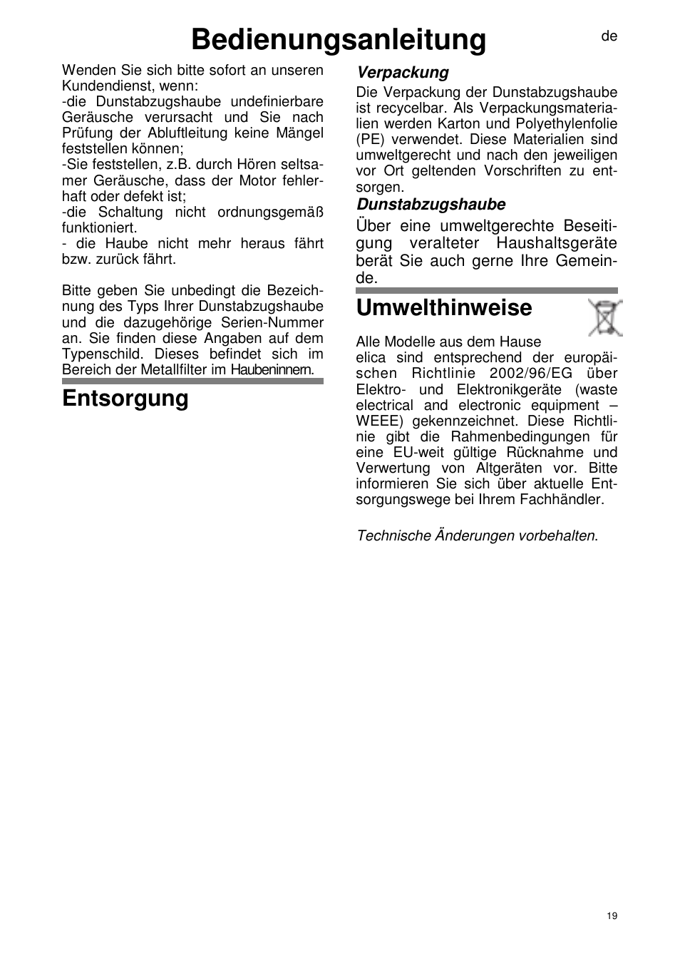 Bedienungsanleitung, Entsorgung, Umwelthinweise | ELICA SEAGULL User Manual | Page 19 / 44