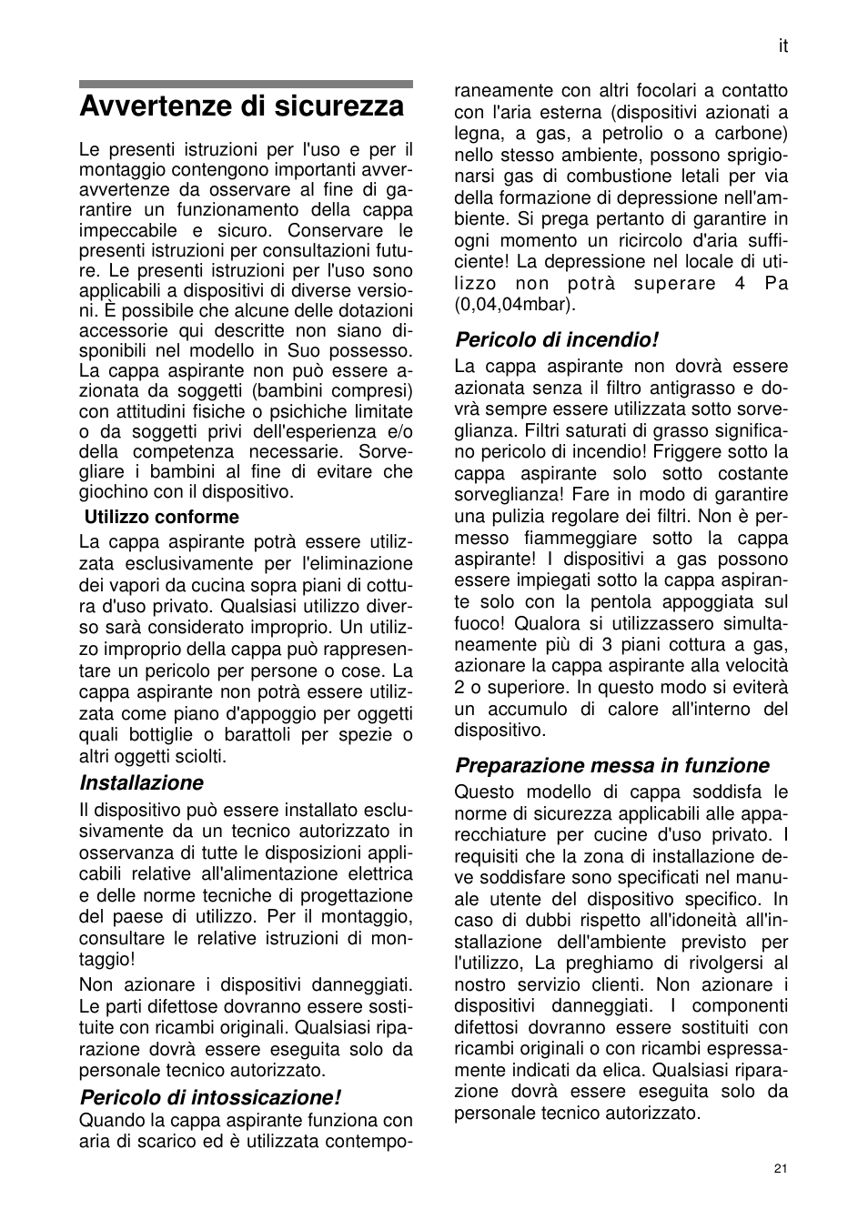 Avvertenze di sicurezza | ELICA SEAGULL User Manual | Page 21 / 44