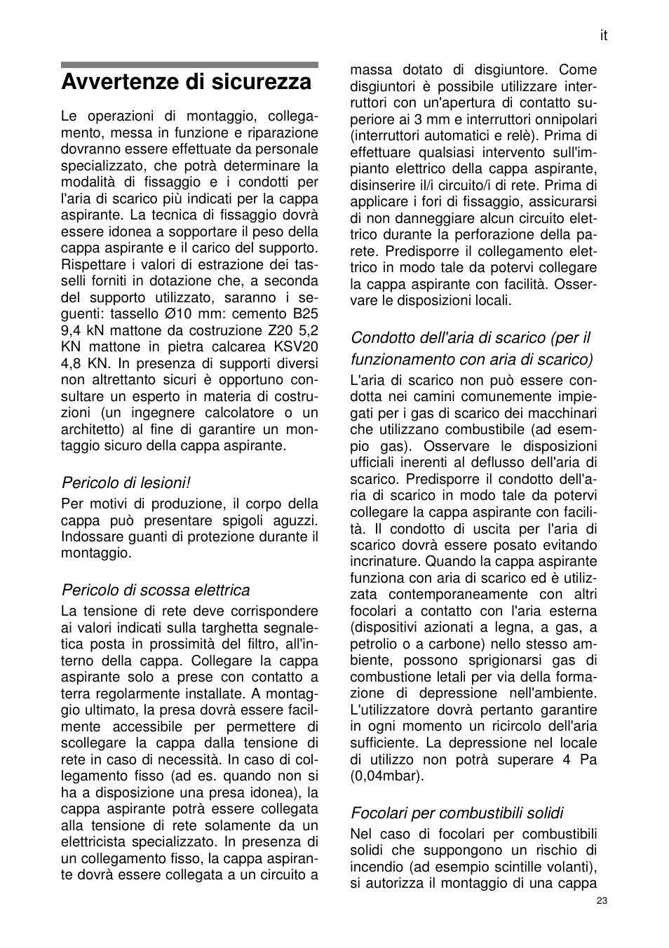 Avvertenze di sicurezza | ELICA SEAGULL User Manual | Page 23 / 44