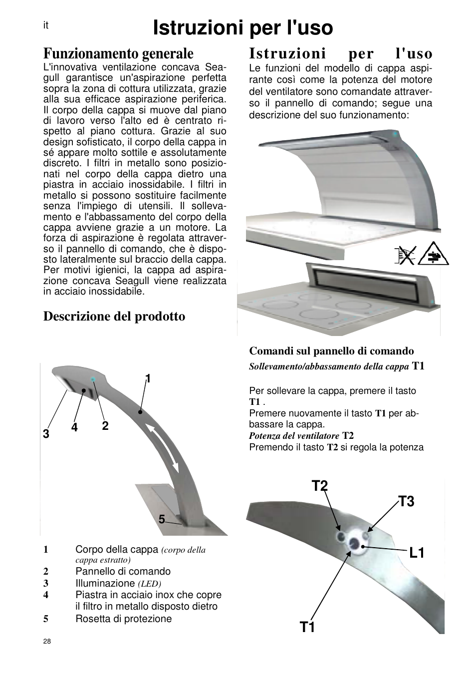 Istruzioni per l'uso, Funzionamento generale, T1 t2 t3 l1 | Descrizione del prodotto | ELICA SEAGULL User Manual | Page 28 / 44