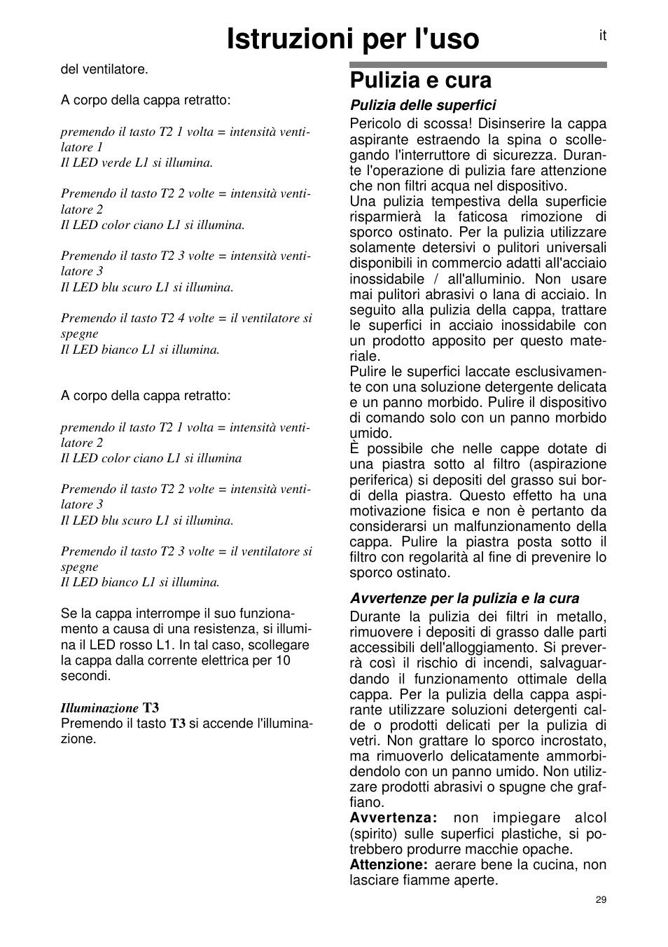 Istruzioni per l'uso, Pulizia e cura | ELICA SEAGULL User Manual | Page 29 / 44