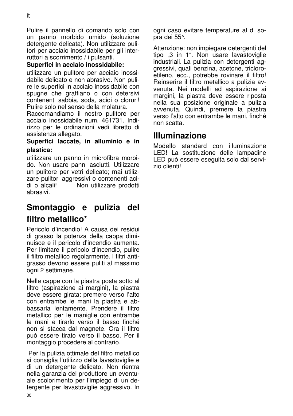 Smontaggio e pulizia del filtro metallico, Illuminazione | ELICA SEAGULL User Manual | Page 30 / 44