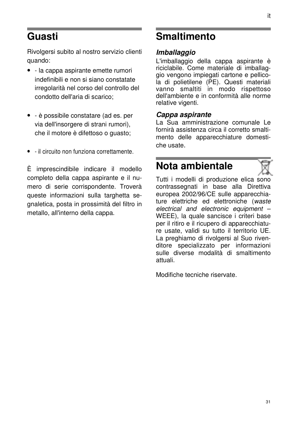 Guasti, Smaltimento, Nota ambientale | ELICA SEAGULL User Manual | Page 31 / 44