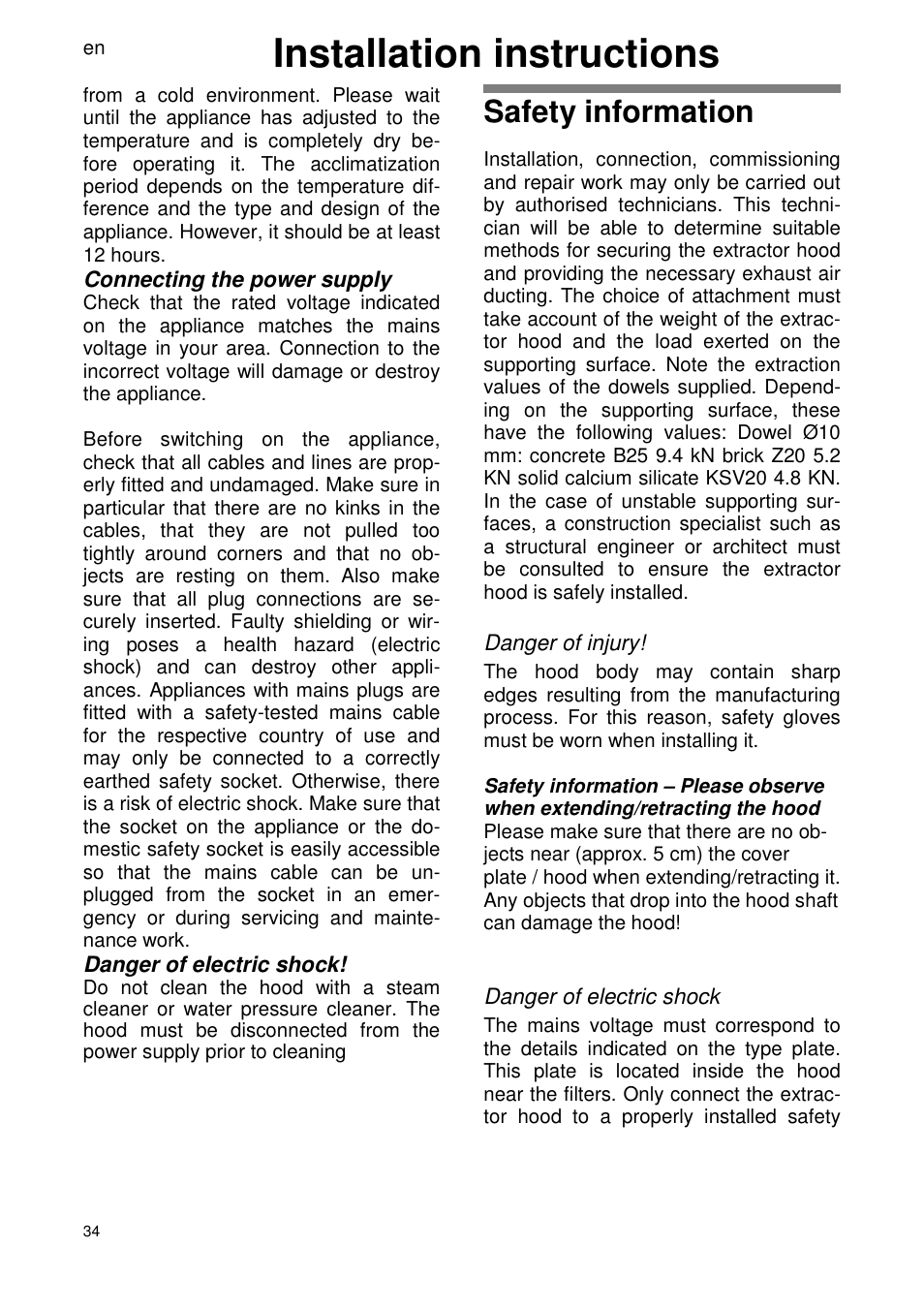 Installation instructions, Safety information | ELICA SEAGULL User Manual | Page 34 / 44