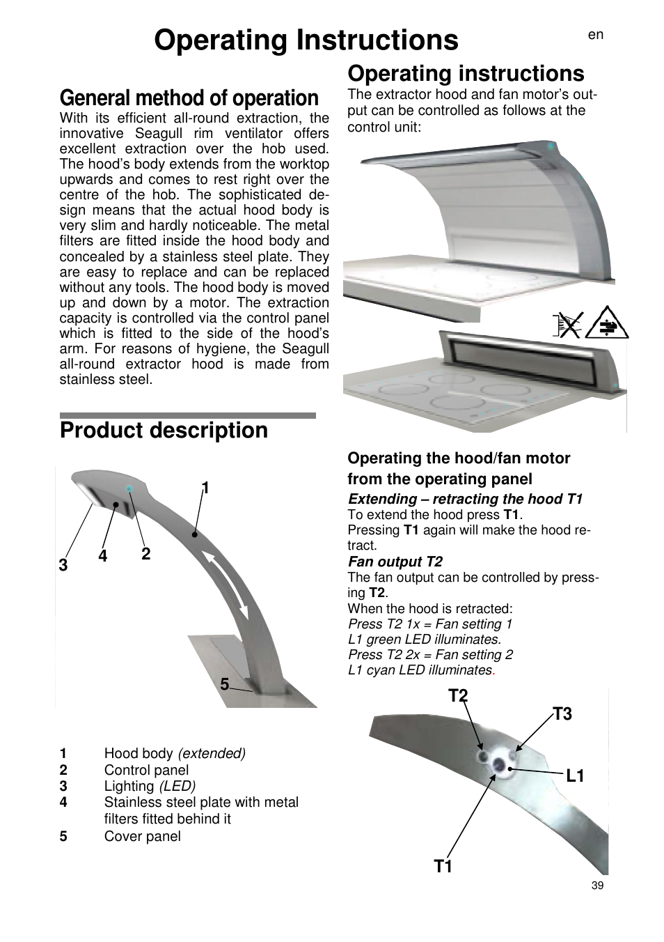 Operating instructions, General method of operation, Product description | T1 t2 t3 l1 | ELICA SEAGULL User Manual | Page 39 / 44