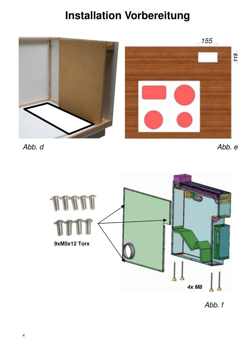 Installation vorbereitung, Abb. d abb. e abb. f | ELICA SEAGULL User Manual | Page 4 / 44