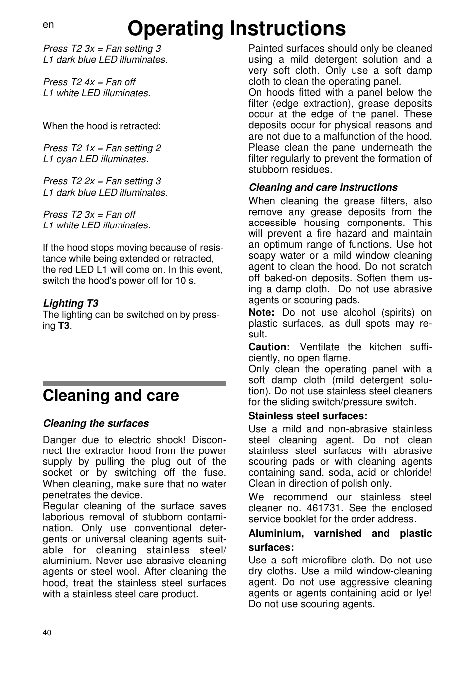 Operating instructions, Cleaning and care | ELICA SEAGULL User Manual | Page 40 / 44